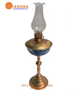 đèn dầu thờ, đèn dầu bọc đồng, đèn dầu chân đồng, đèn dầu gốm bát tràng, đèn dầu men rạn bọc đồng, đèn dầu men lam bọc đồng